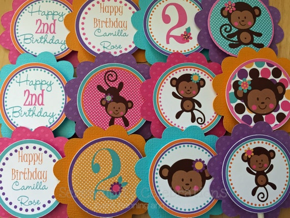 Monkey Girl Cupcake Toppers, Set of 12, Personalized, Monkey Birthday, Monkey Party, Monkey, Birthday, Baby Shower, Monkey Party Il_570xn