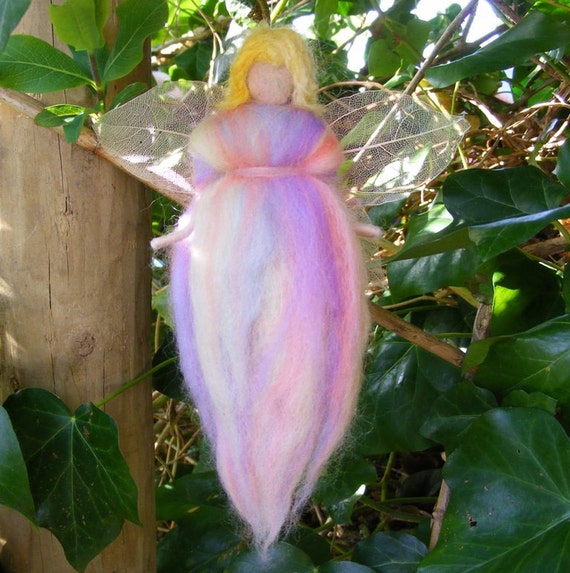 Pastel Rainbow Fairy with Leaf Wings - Waldorf style needlefelted wool fairy - hanging mobile