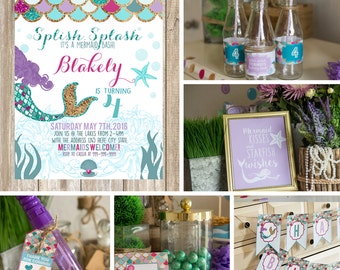 Mermaid birthday party invitations - with PRINTABLE decorations - purple teal and gold - Mermaid Birthday Party - Instant download