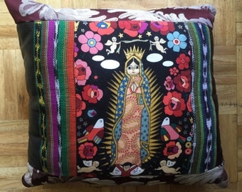 Our Lady Of Guadalupe Pillow - Black and Red Floral - Icon - Angels
