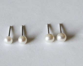 Tiny 3mm, 4mm white fresh water pearl studs- small pearl earrings- solid sterling silver earrings- flower girl earrings- small pearl studs