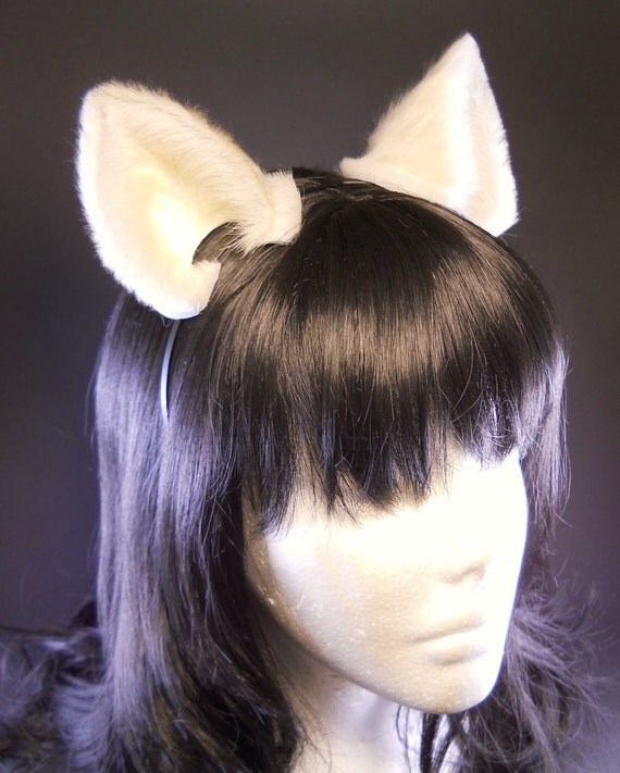 Cream White Fur Leather Cat Ears Nekomimi Cosplay Furry Goth
