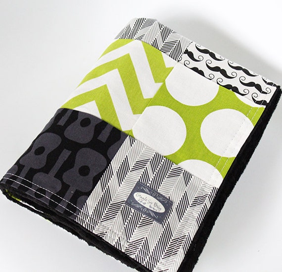 ONE DAY SALE Guitar Baby Blanket Green and Black Baby Quilt