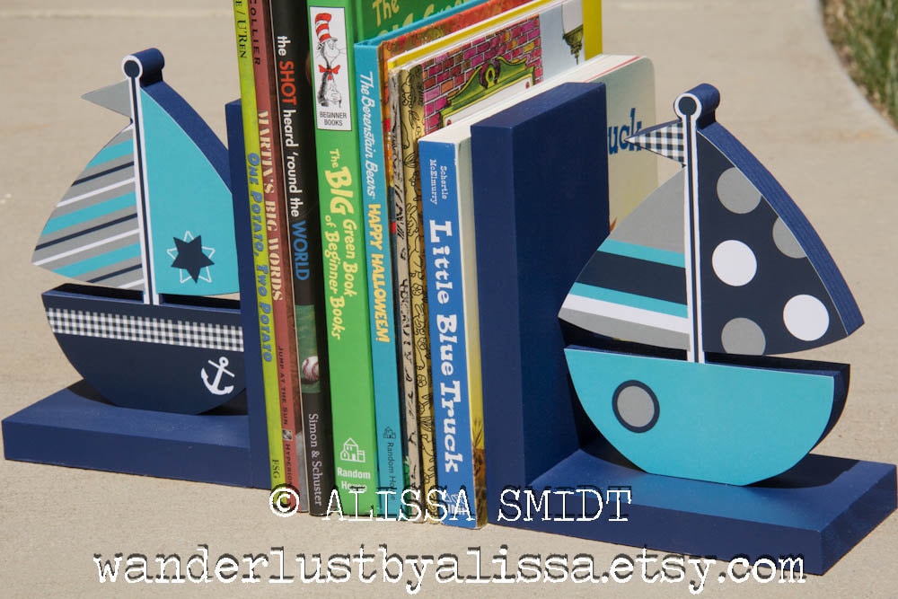 Sailboat Bookends Nautical Themed Custom Designed Wooden