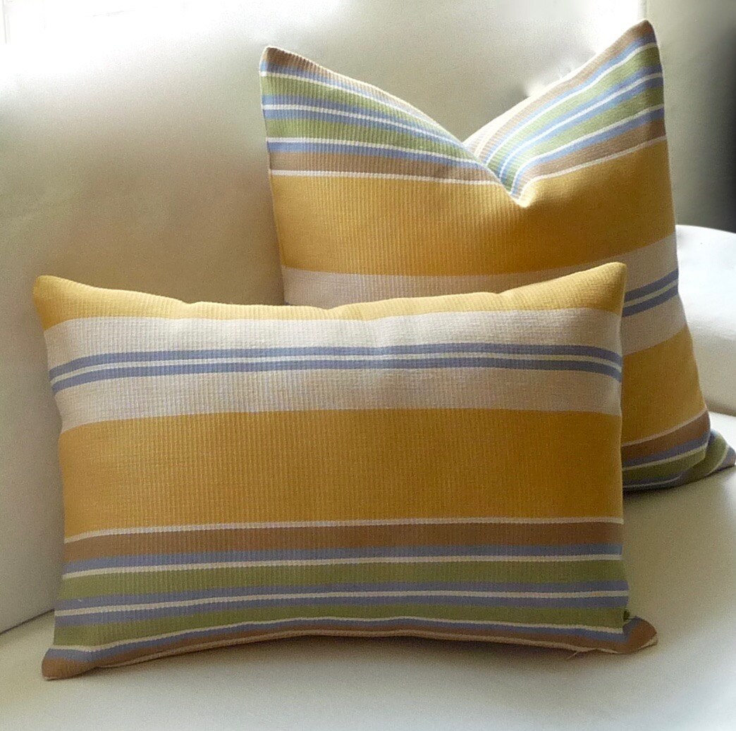 Striped Pillow Cover Outdoor/Indoor Pillow Yellow Gold Blue