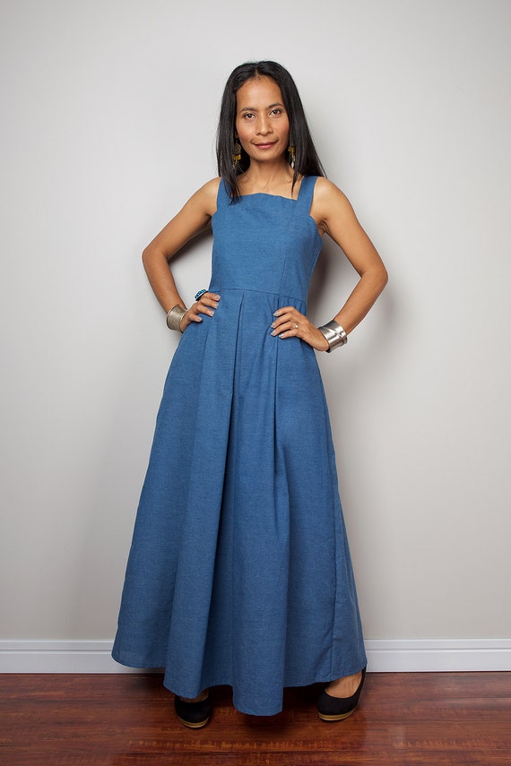 Maxi Dress / Long Blue Cotton Denim Summer Halter dress : The