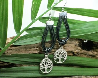Boucles d'oreilles Arbre de Vie//Yaronta//cuir noir//bijoux fait main//amérindien//Black leather earring//native//tree of life //hand made