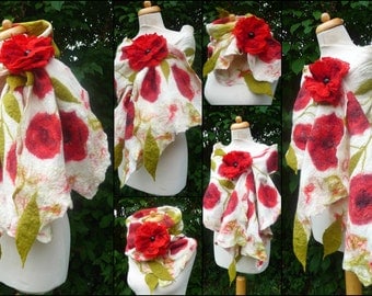 nuno felted scarf, wrap, handmade, silk, felted wool , lagenlook, art to wear, MADE TO ORDER, natural white,red