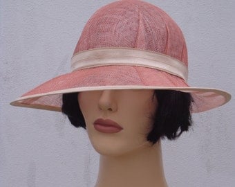 Flapper hat, old pink cloche hat, sinamay sun hat, retro hat, vintage hat, 20s wedding, great Gatsby hat