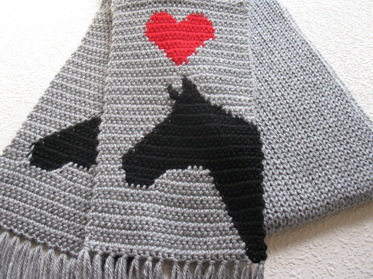 Gray Horse Scarf. Grey knit and crochet scarf with horses