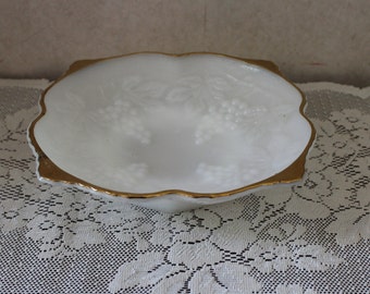 Vintage Anchor Hocking Milk Glass Bowl with Grapes Design and Trimmed in Gold