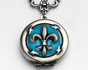 Personalized Locket, Silver Fleur De Lis Locket, Blue Fleur De Lis Locket, Locket Necklace for Women, Aqua Locket, Resin Locket