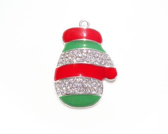 40mm Red and Green Christmas Mitten Rhinestone Pendant, P1
