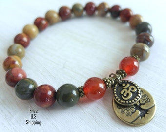 Celebrate life Picasso jasper, Carnelian with Om and Tree of life, Yoga Bracelet, Meditation bracelet, Reiki Charged, free shipping