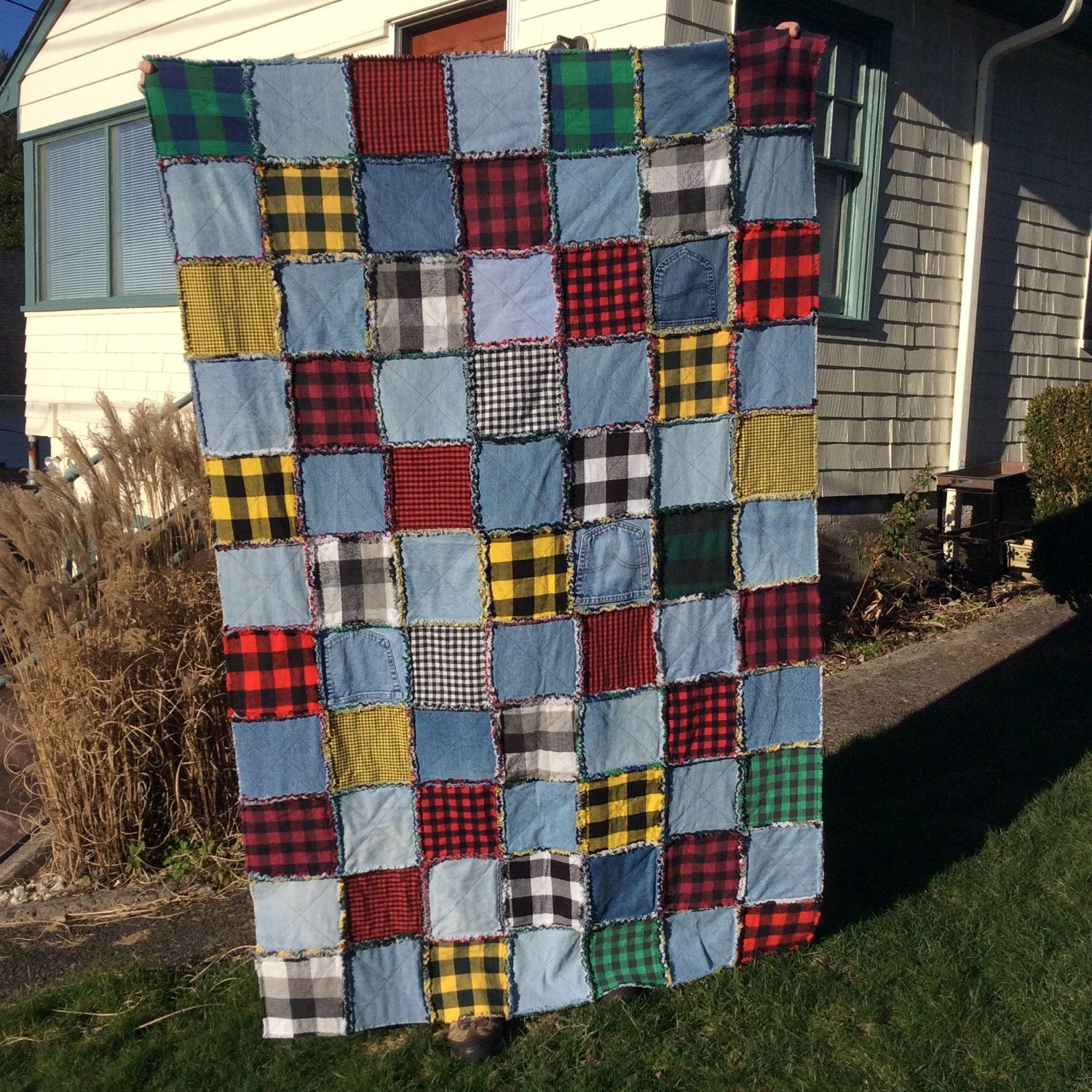 Upcycled Check Denim Rag Quilt buffalo check quilt mens