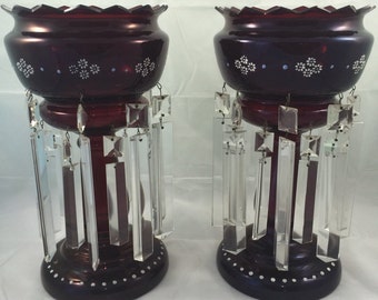 Antique Pair of Ruby Glass Lusters with Enamel Paint Prisms...Victorian Mantel Fireplace Centerpiece Early Lighting Candlelight Elegant