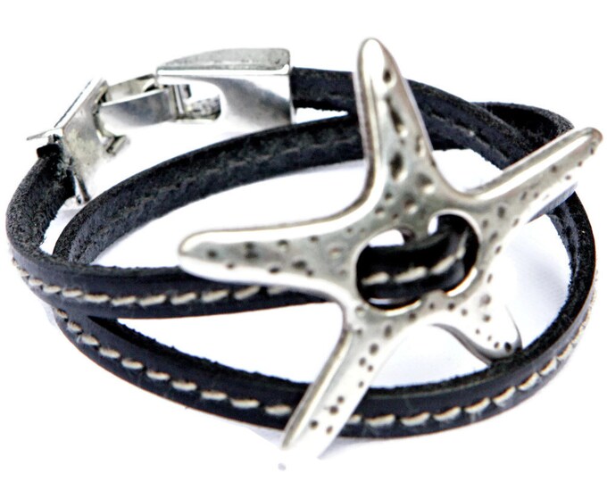 women bracelet, leather bracelet, bracelet, zamak bracelet, star bracelet, leather wrap, uno de 50, silver bracelet, leather for women,