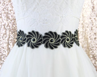 Black and Gold Embroidery Flower Lace Sash Belt, Bridesmaid Black Sash, Flower Girl Black Sash, Prom Sash
