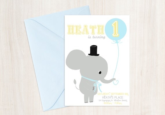L'elephant Custom Birthday Invite - Elephant - First Birthday Party Invitation - Party Supplies Il_570xn
