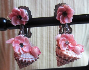 Vintage Shell Earrings with Pink Flowers Mid Century Clip On Earrings Vintage Jewelry 1950s