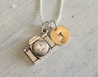 Camera Necklace. Custom Monogram. Hand Stamped. Personalized Photographer gift. Photographer necklace. Camera jewelry. Valentine's Gift