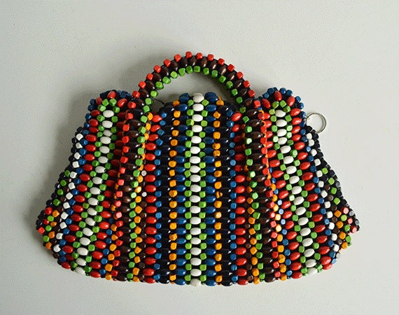 Vintage 1950s Beaded Bag / 50s Round Multi Color Wood Bead