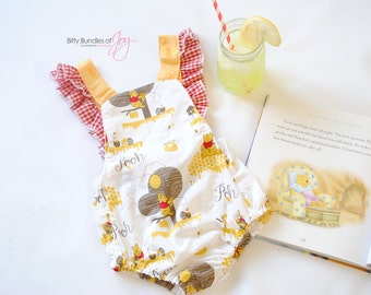 Winnie the Pooh Vintage Style Romper Sunsuit with Ruffle Straps and Bow on the Back