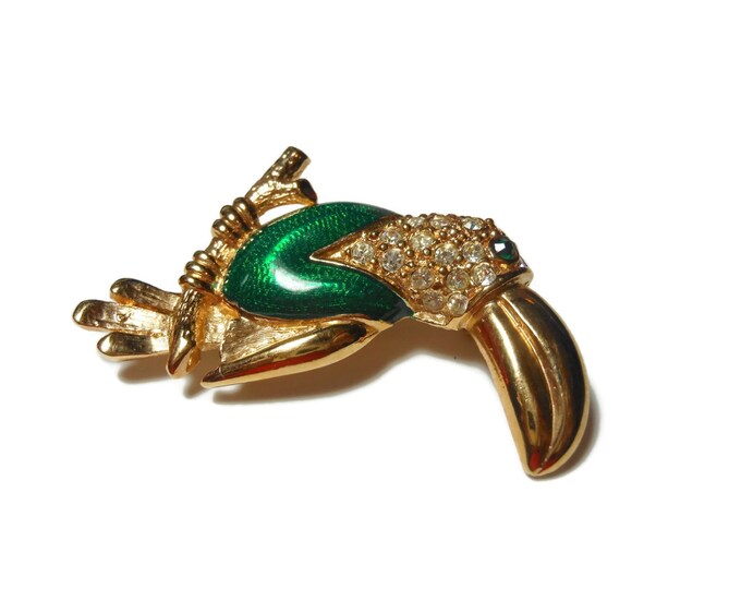 FREE SHIPPING Roman signed Toucan brooch, green enamel pin, pave rhinestone, green eye, figural bird on branch, gold tone