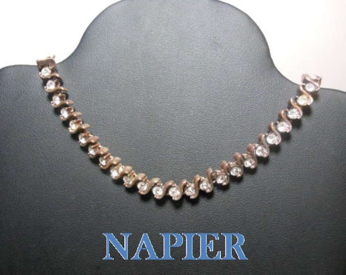 Napier rhinestone choker necklace, 1990s mixed metal, copper gold over silver links, silver chain and extender, choker or necklace, with tag