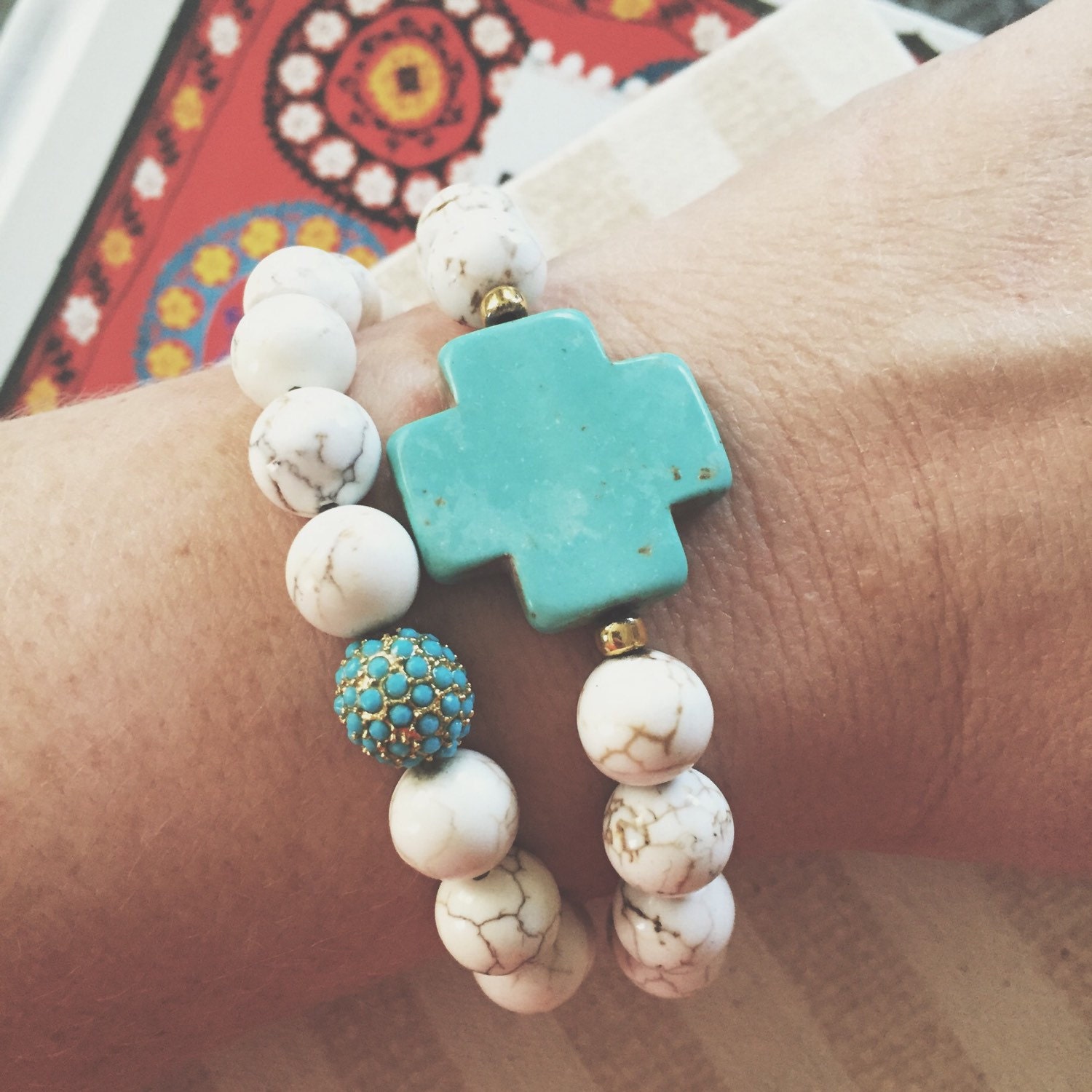 Turquoise Cross Bracelet // Neutral Tan or White // Picture