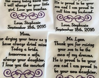 4 Custom Special Occasion Machine Embroidered Handkerchiefs for wedding