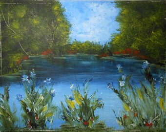 Vintage oil painting pond with irises flowers