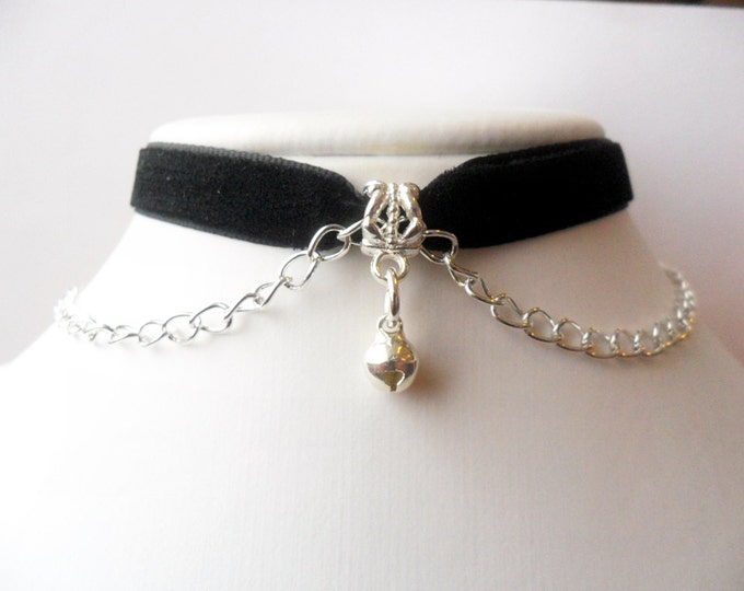 Velvet choker necklace jingle bell choker Black with kitty bell charm and a width of 3/8” Ribbon Choker Necklace(pick your neck size)