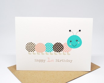 1st Birthday Card Girl - Pink and Brown Caterpillar - HBC212 / Happy 1st Birthday for the Birthday Girl