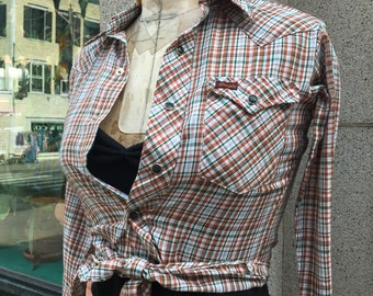 Vintage Western Urban Cowgirl Earth Tone Wrangler Snap Down-Pearl Button Cowboy shirt-TINY-Plaid 1970's-Texas-West-Cowgirl-XS-Boys Size 12