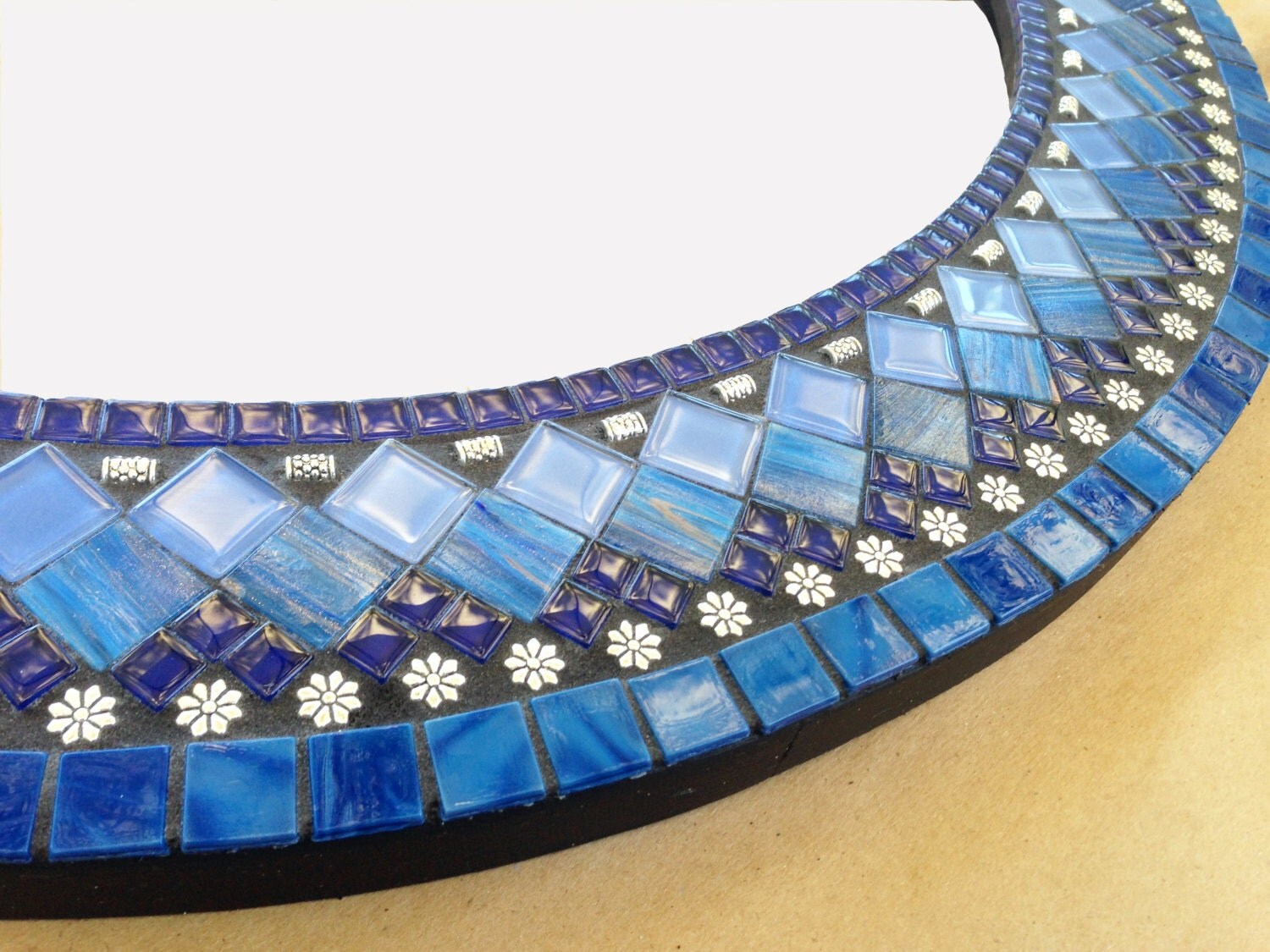 Blue Mosaic Mirror Round Wall Mirror Large Mirror in Blue