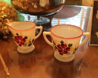 Vintage sugar and creamer set with hand painted flowers