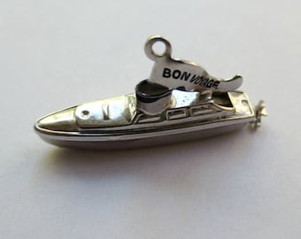 Vintage Sterling Silver Boat with Bon Voyage Banner, Spinning Propeller, Rhodium Plated