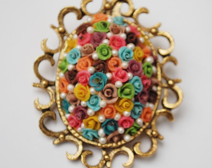 Colorful Flower Brooch Pendant - celluloid plastic flower- domed ceramic - pearl- gold tone