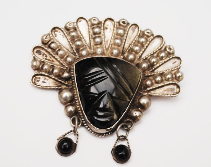 Sterling Mask Brooch - Taxco Mexico - Carved Black Onyx - Tribal Face Pin