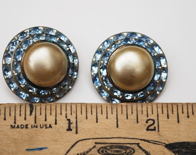 Blue Rhinestone Pearl Earrings Mid century Domed clip on earrings