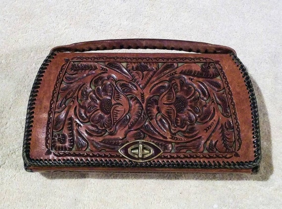 Vintage Western Tooled Brown Leather Floral Pattern Handbag
