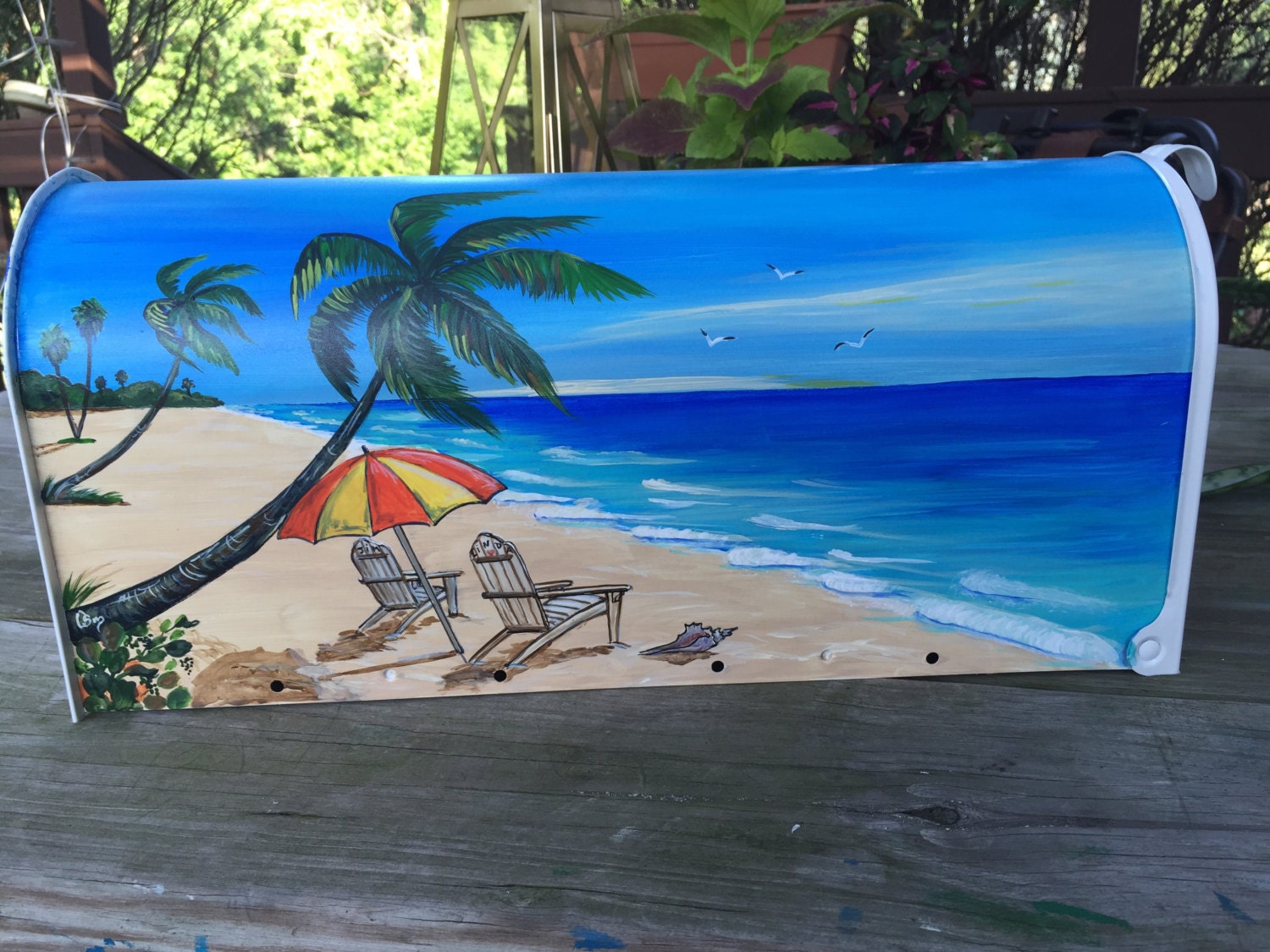 Beach hand painted mailbox Tropical beach for two