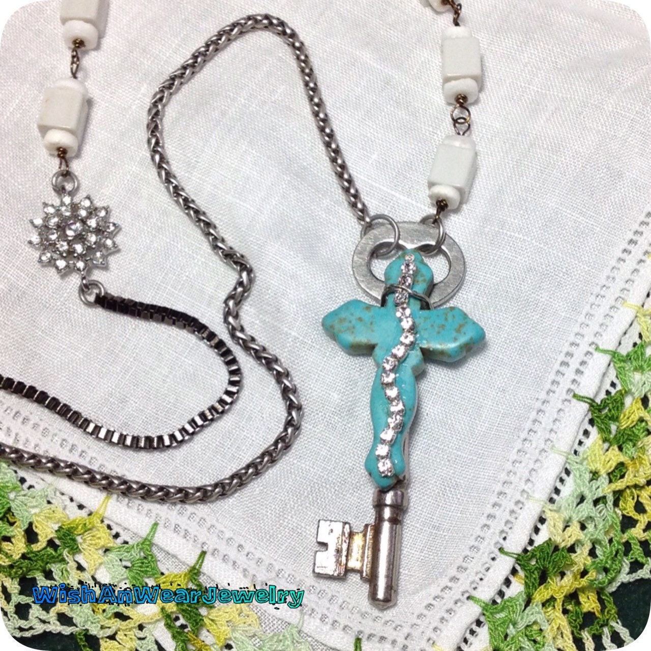 Funky Hip Turquoise Rhinestone Large Cross Assemblage Necklace