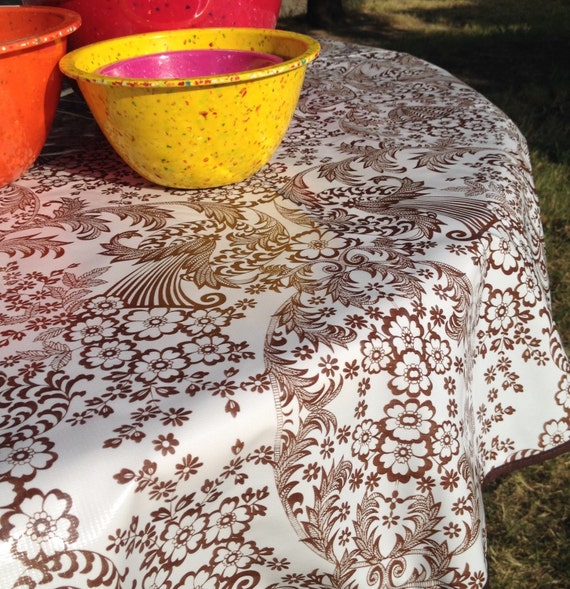 90 Oil Cloth Tablecloth Round BROWN Toile NO Hole