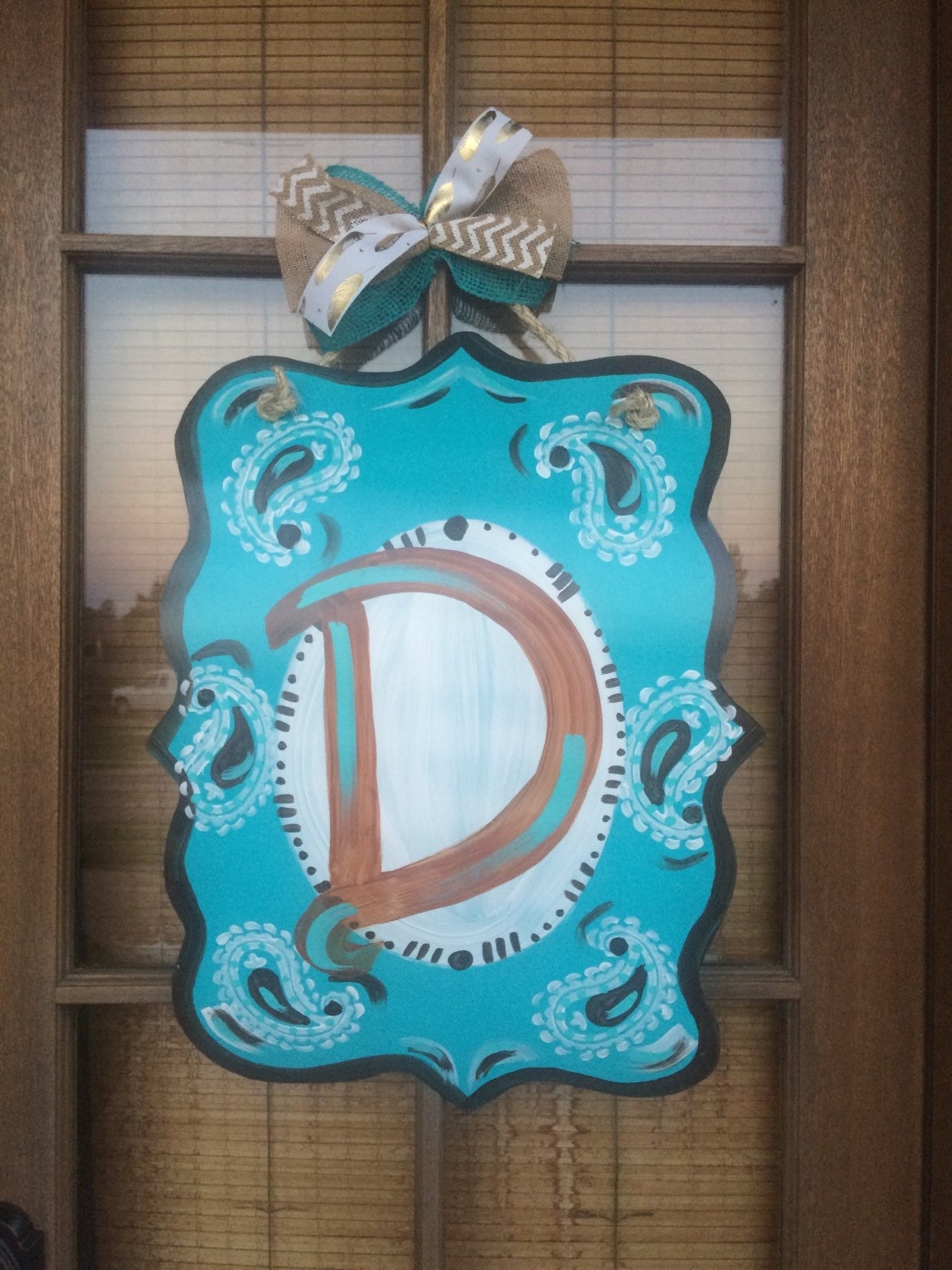 Large Initial Turquoise & Brown Paisley Door Hanger by mandylogan1
