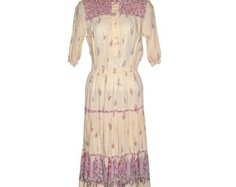 Vintage 80s Ragtime boho prairie country dress half sleeve beige pink floral