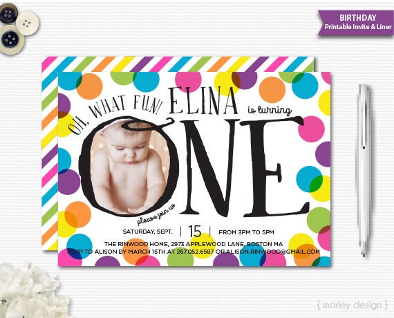 Bright Polka Dots First Birthday Invitation Printable Oh What Fun 1st Birthday Invitation Photo Invitation Picture Invite One Invitation Il_570xn