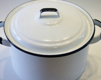 SALE! Large White Enamelware Stock Pot with Black Trim