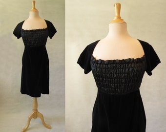 Black Velvet Dress With Shirred Bodice - 1970s